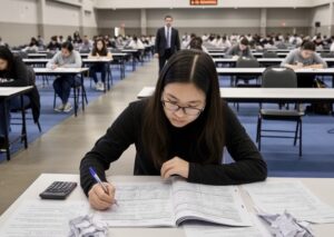 asian girl taking test large venue