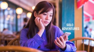 woman looking at phone thinking